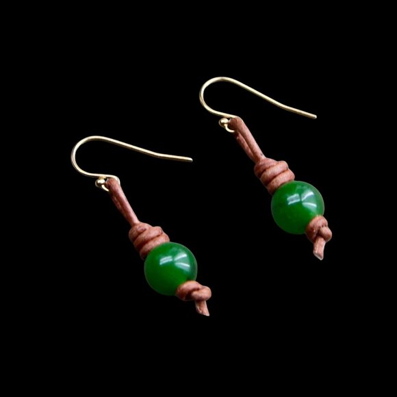 Jade Gemstones on Hand Knotted Soft Brown Leather Cord Earrings - Picture 2 of 7
